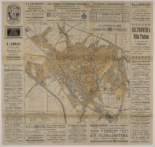 217088 Plattegrond van de stad Utrecht, met rondom de kaart advertenties van plaatselijke middenstanders.